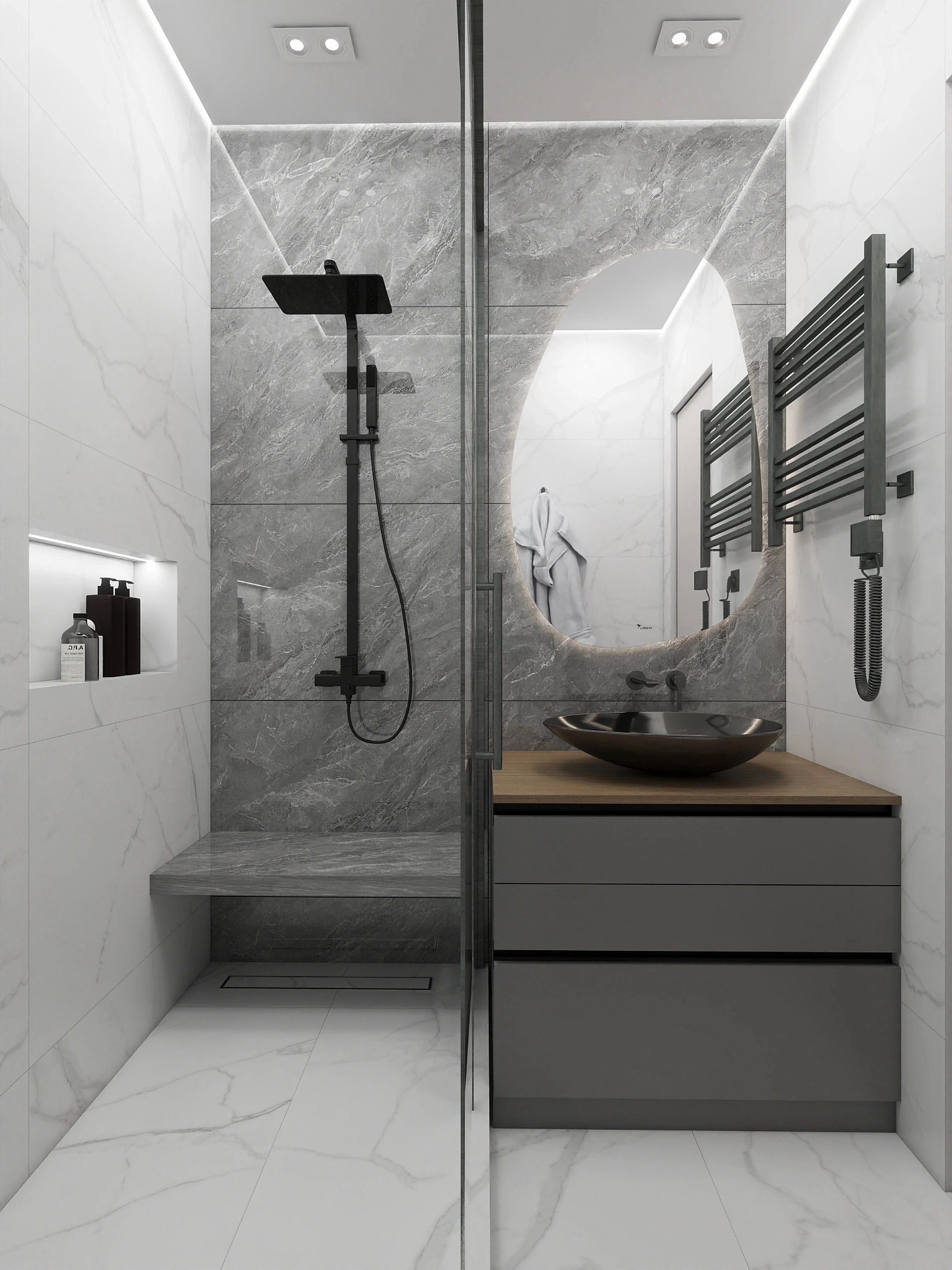 Modern grey marble walk-in shower
