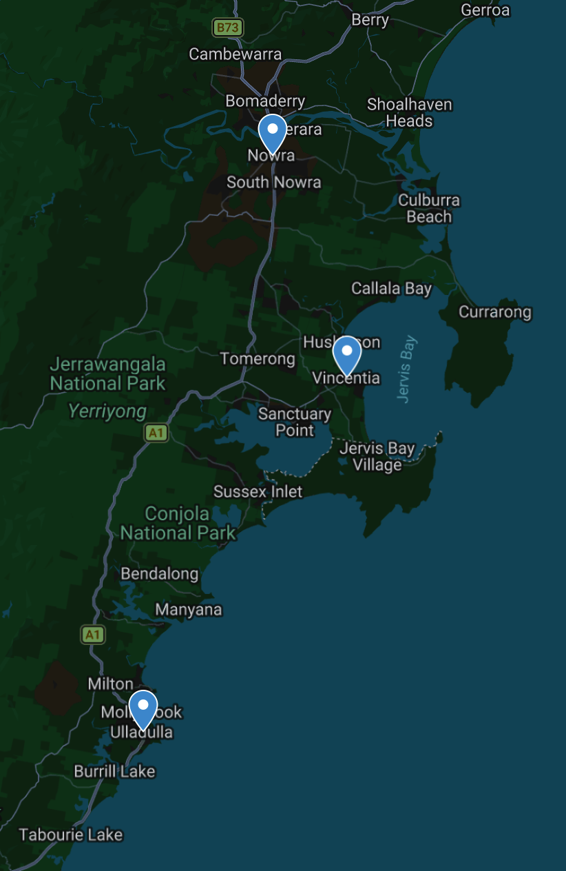 Map of the Shoalhaven service area from Nowra through Vincentia to Ulladulla